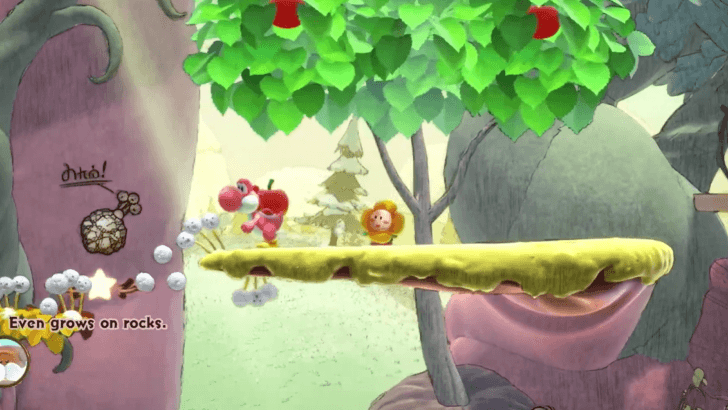 Carry an apple from the tree on the upper right platform, then run through the white puff creatures to infect it
