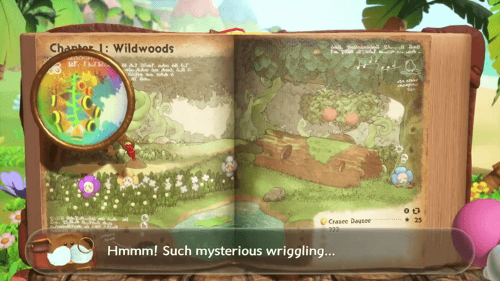 Inspect the wriggling fruit hanging from the tree using the Magnifying Glass