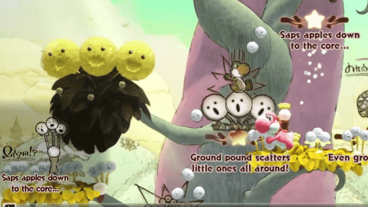 Run back and forth to get the white puff creatures to grow on the tree